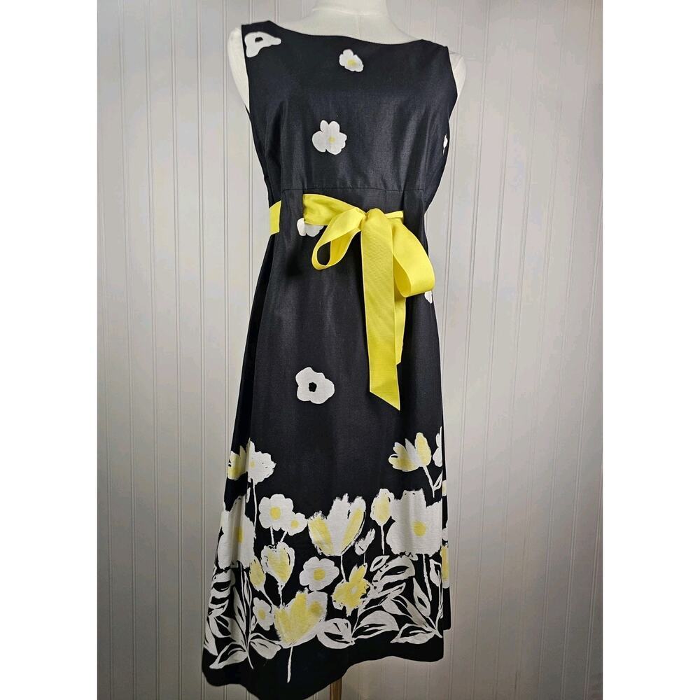 Karin Stevens Floral Sheath Dress Yellow Belted Tie Women's Size 6 Party Vintage